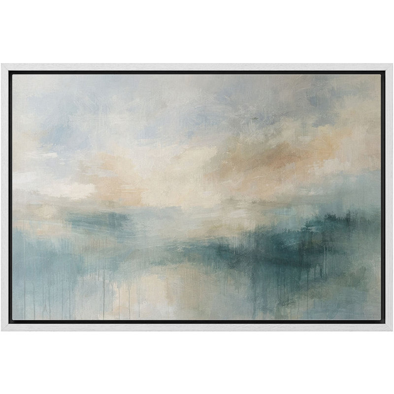 «Serene Blue Green Abstract Waterscape Landscape Wall Decor», reproduction d'art encadrée sur toile, H 24 po x l 36 po, Blanc