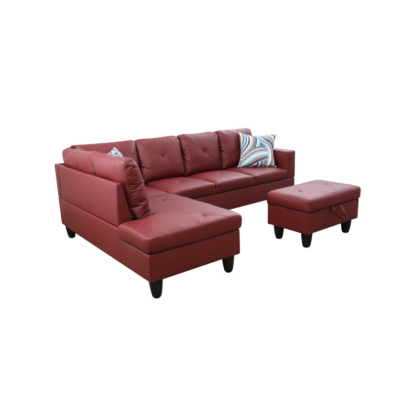 Faux Leather L-Shaped Sectional Left Hand Facing, Red Faux Leather, Left Hand Facing