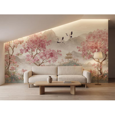 Cherry Blossom Crane Mountain Wall Mural - Pink Floral Asian Landscape Wallpaper