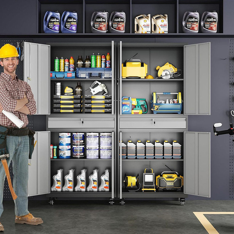 Metal Garage Storage Cabinet with Locking Doors and Adjustable Shelves, Rolling Tool Storage Cabinet with 4 Wheels and 1 Drawer