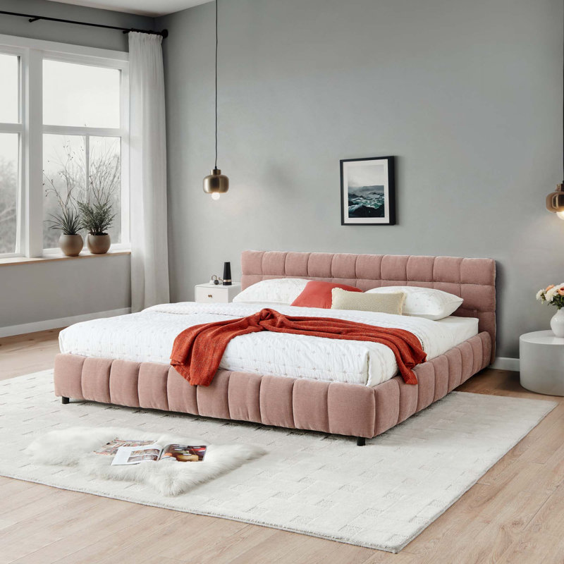 Structure de lit tapissier, tissu chenille, avec tête de lit et structure de lit solide, tiroir de rangement, Pink