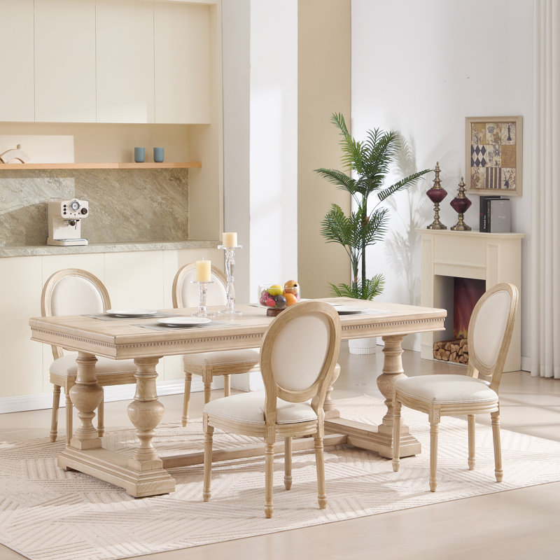 Chaises de salle à manger French Country de 2, rembourrées avec dossier confortable, tréfilage, bois massif, démontables, beige