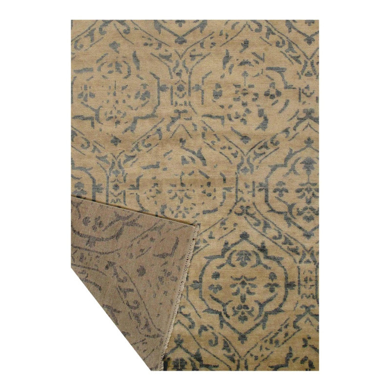 Tapis bleu / brun en laine / coton oriental noué à la main 7 pi 9 po x 9 pi 1 po Oriental