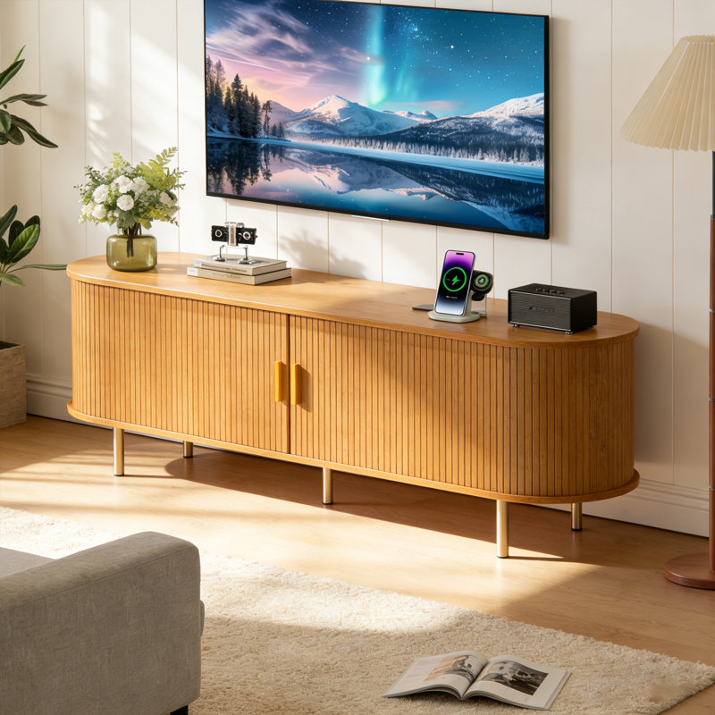 55" Mid-Century TV Stand W/ Power Outlet | Fits 60" Tvs, Sliding Doors & Adjustable Shelves, Yellow Walnut