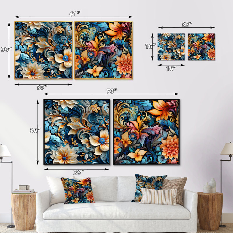 Griffith - Ensemble de 2 collages carrés botaniques abstraits, Cadre flottant noir, H 30 po x l 61 po