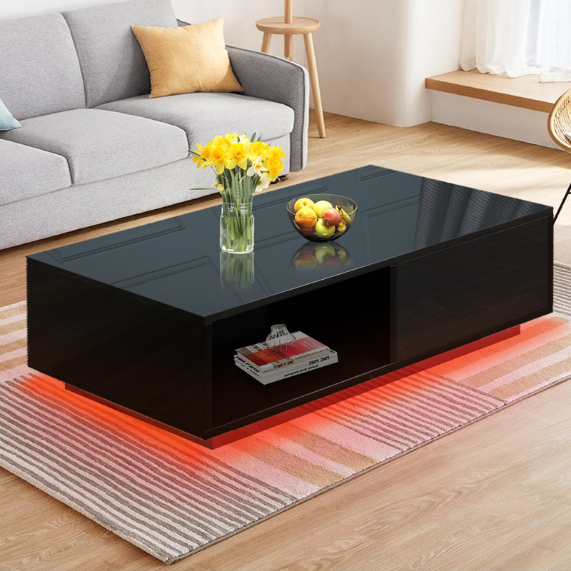 Rectangle High Gloss Coffee Table With Drawer, Sofa Side Central Table With 16 Colors Led Light, Black