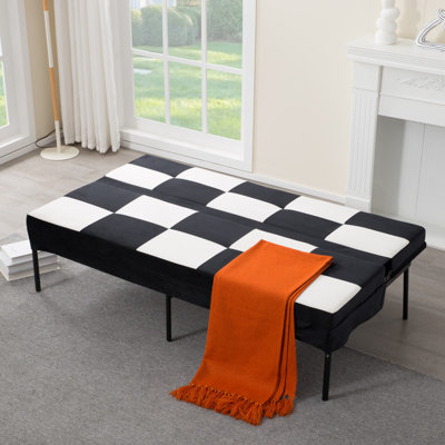Black & White Checkered Velvet Futon Sofa with 5‑Position Adjustable Backrest & Metal Frame