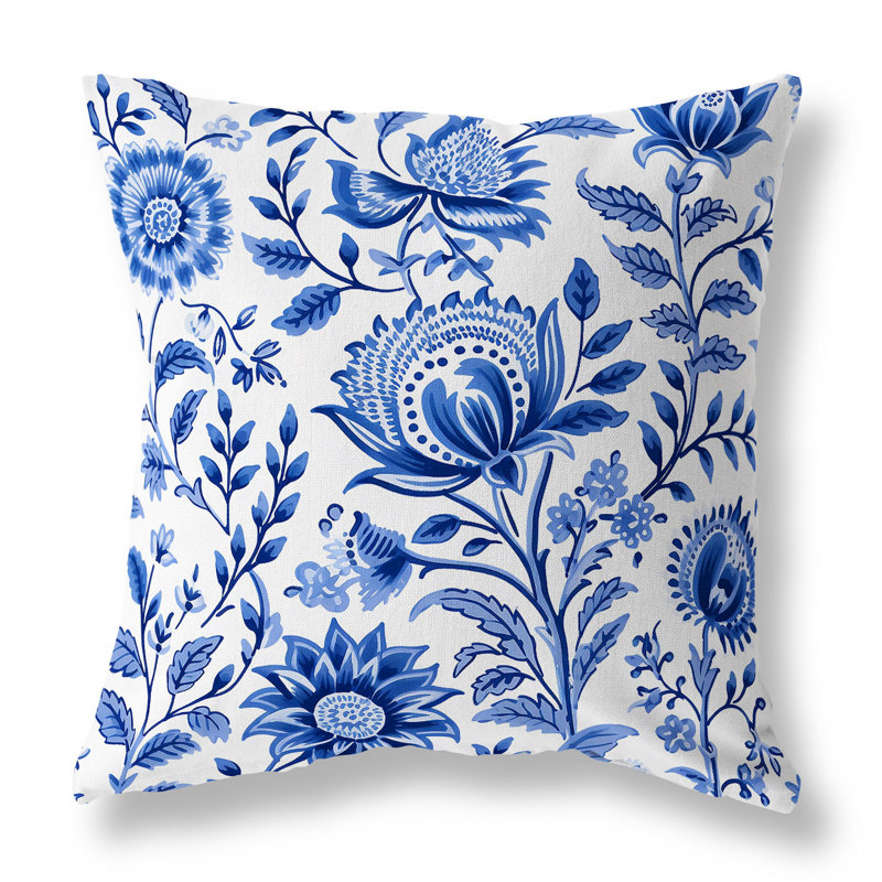 Coussin Sanganeri, Bleu / blanc floral, H 26 po x l 26 po