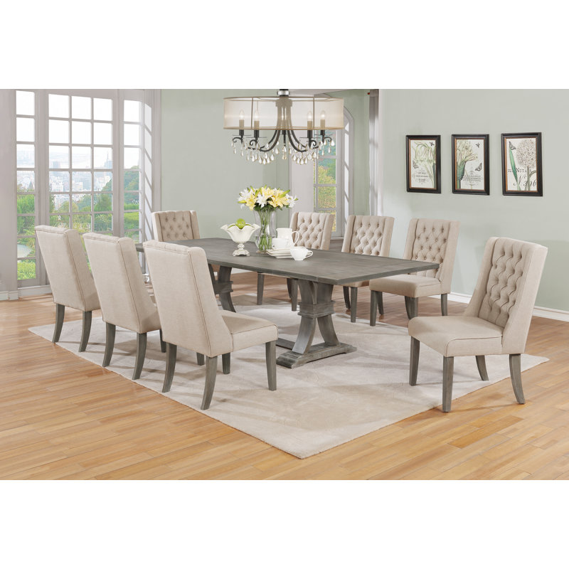 Dions Extendable 72" to 104" Table with Rustic Wood Dining Set and Linen Tufted Chairs, 9, Beige , Gray Rustic