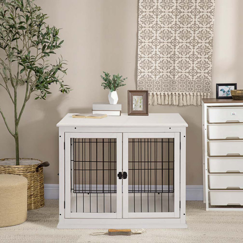 Mobilier pour cage de chien, petite table de bout pour cage de chien avec deux côtés qui s'ouvrent, porte verrouillable