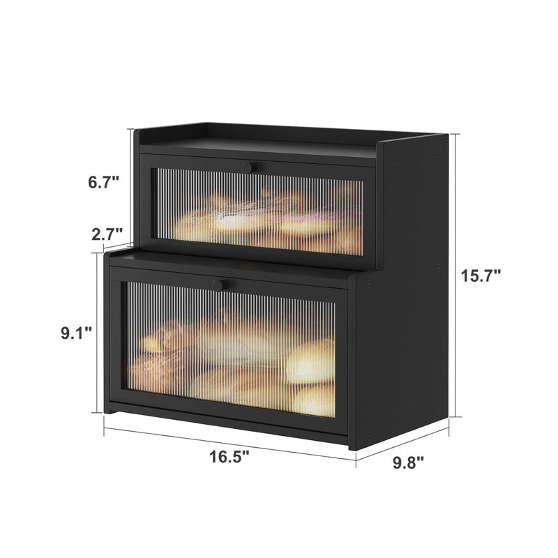 Black Double Layer Bamboo Bread Box with Window