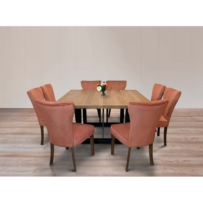Logan 9-Piece Dining Set With 8 Cleo Dining Chairs In Velvet Blush Fabric
