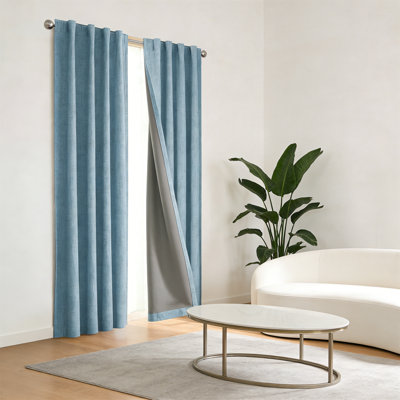 100% Blackout Linen Textured Curtains 2 Panels, 90 Inch, Sky Blue, Rod Pocket