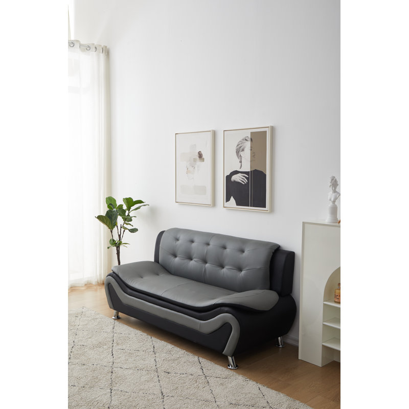 Canapé de salon rembourré, Similicuir noir / blanc Evalina, H 34 po x l 76,5 po x P 32,5 po
