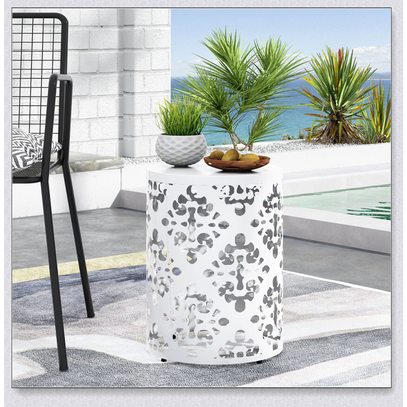 Durable Outdoor Metal End Table With Elegant Floral Design, Perfect For Modern Patios And Balconies, White