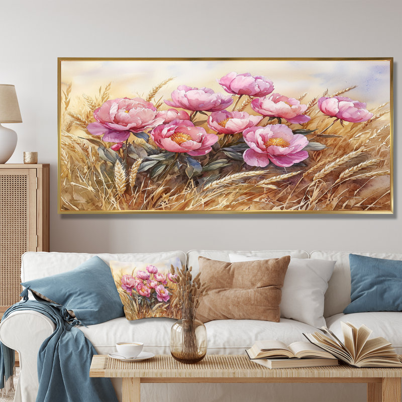 Ikisha pivoines dans le champ de blé II - pivoines, art mural, H 28 po x l 60 po, Impression encadrée flottante, Doré