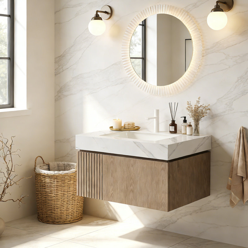 Meuble-lavabo flottant avec espace de rangement multifonctionnel et trou de robinet simple, Marron clair, 30"