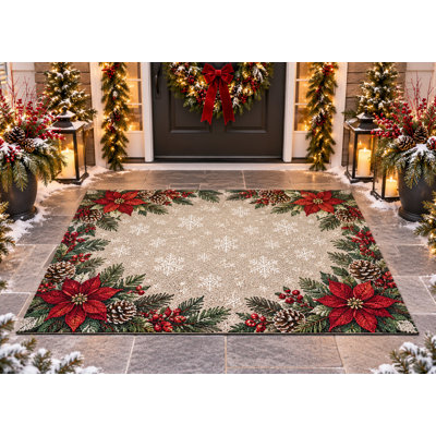 Tapis d'extérieur 152 x 213 cm (5 pi x 7 pi) à motif poinsettia, pin et flocons de neige, bordure de Noël, en PVC épais et imperméable, à boucles, résistant et à séchage rapide, idéal pour terrasse, balcon ou entrée.