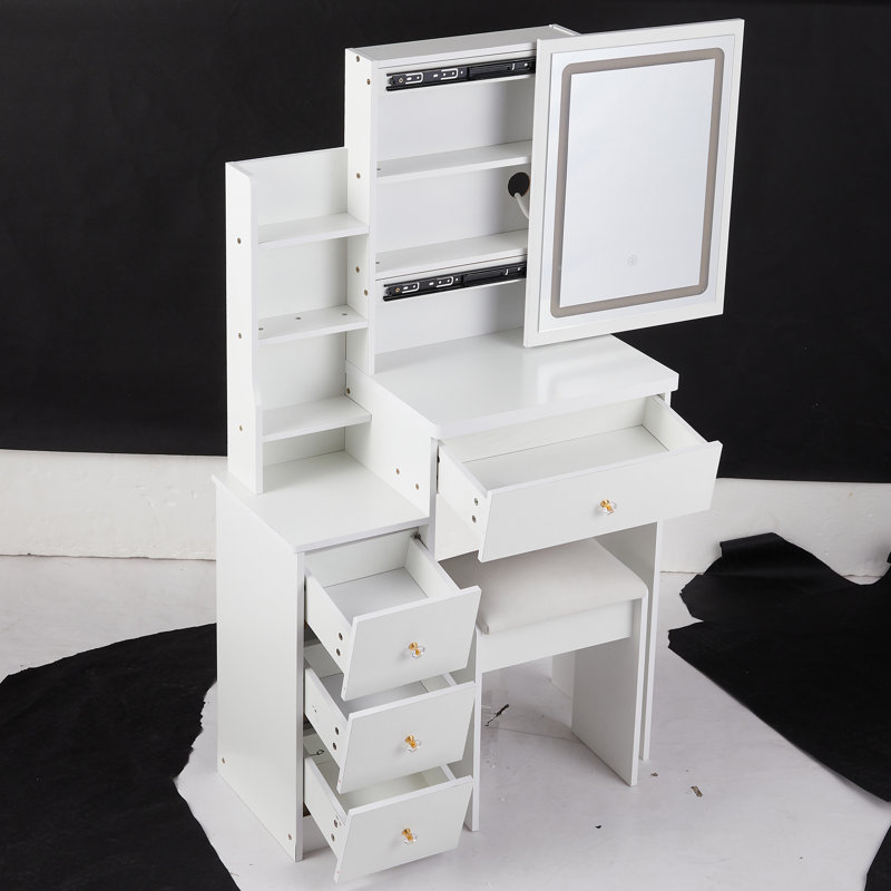 Petite coiffeuse 29,2 "+ tabouret rembourré, Blanc