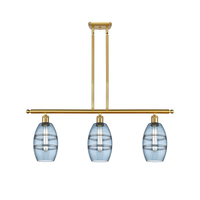 Luminaire suspendu pour îlot de cuisine 3 lumières Dundrod, Or satiné, Bleu princesse
