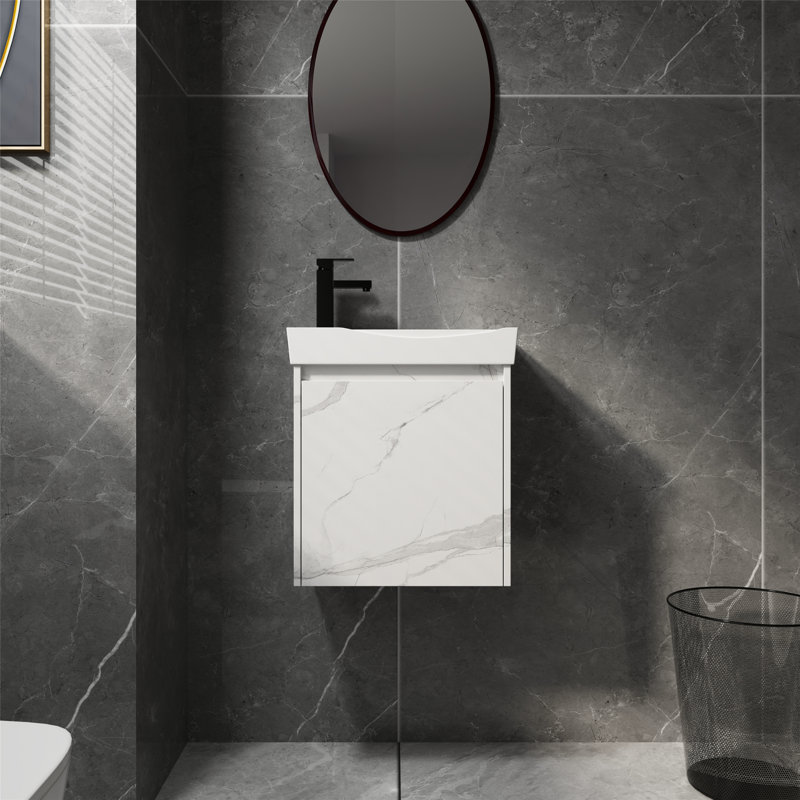 Meuble-lavabo mural contemporain avec lavabo en céramique, armoire de rangement avec portes, Blanc