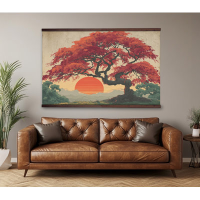 Tapisserie d'arbre coucher de soleil - érable rouge éclatant avec paysage de montagne et cintre en bois