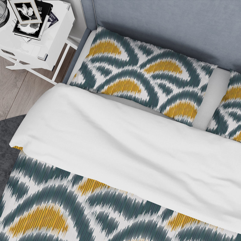 Ikat vert et doré - ensemble de housse de couette abstrait - microfibre de polyester