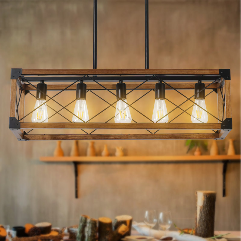 Luminaire suspendu rectangulaire en noyer de 32 po à 5 lumières pour salle à manger et îlot de cuisine, Noyer