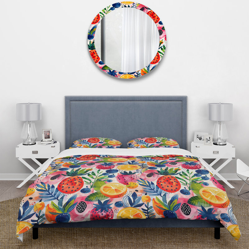 Ensemble de housse de couette rouge, vert, fruits sauvages et aquarelle, Housse de couette pour grand lit et 2 taies décor