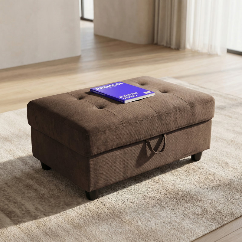 Grey Storage Ottoman | Non-Pilling Fabric | X-Stitching | Solid Wood Frame, Espresso