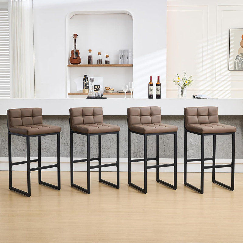 Tabouret de bar rembourré à dossier bas avec structure en métal épaissie pour îlot de cuisine, Brun, 4