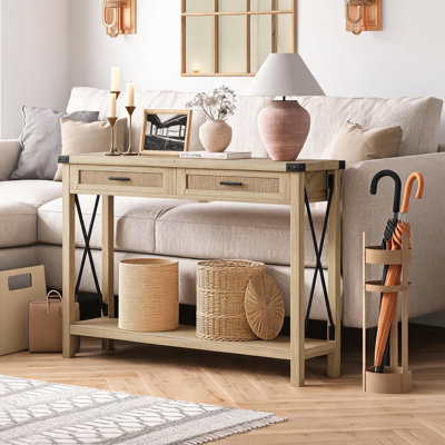 Farmhouse Sofa Table - Console Table with Rattan Drawers, Entryway Table with Storage for Living Room, Hallway, Foyer-Burlywood