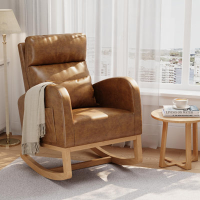 Corduroy Rocking Chair with Side Pockets & Pillow – Modern High Back Nursery Glider with Ergonomic Support –   Wood Frame Rocker for Living Room. Bedroom & Nursing
