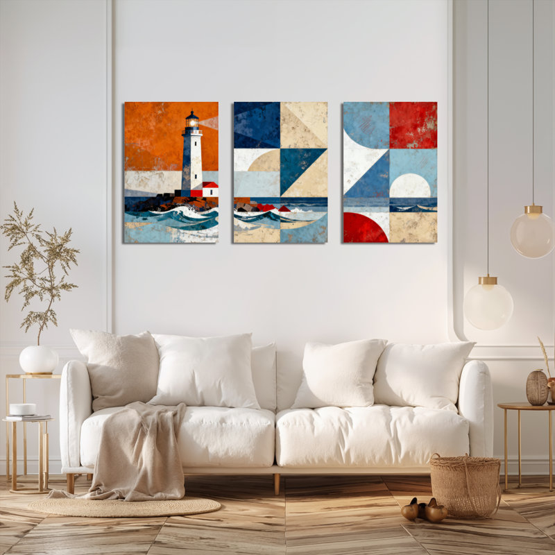 Abstract Lighthouse and Ocean Waves Canvas Wrapped Wall Art, Geometric Coastal (Set of 3), 18" H x 36" W