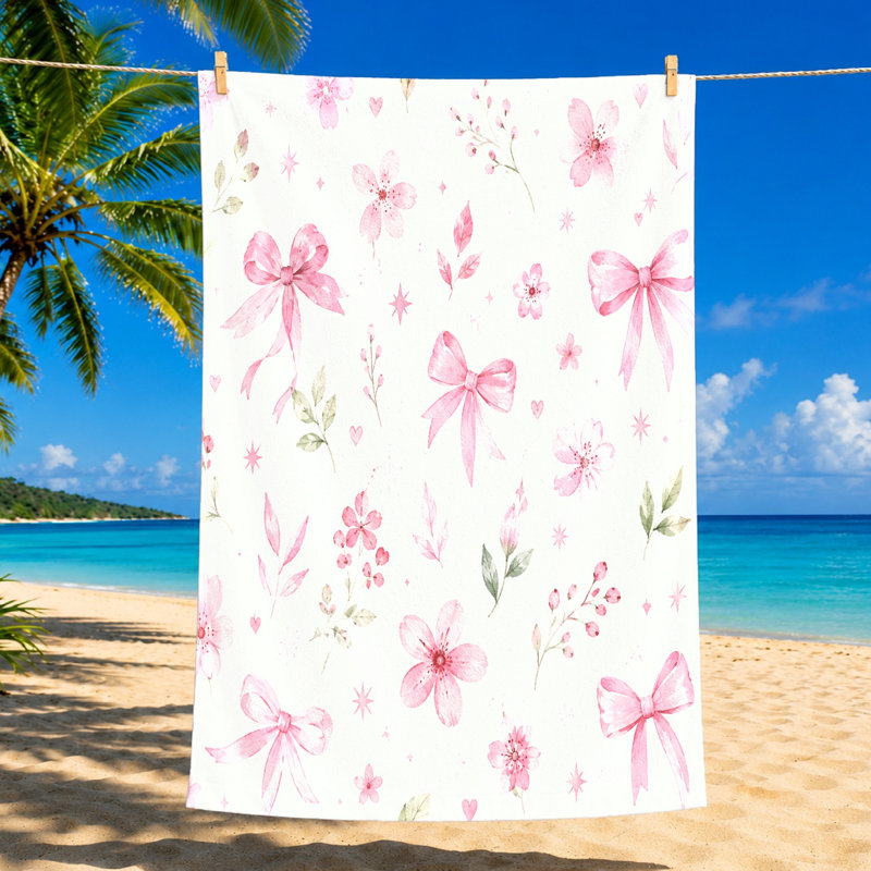 1 pièce, joli nœud rose et serviette à motif floral, avec des rubans de fleurs aquarelles délicates sur fond blanc, parfait pour la plage, la natation, les voyages, les unisexes