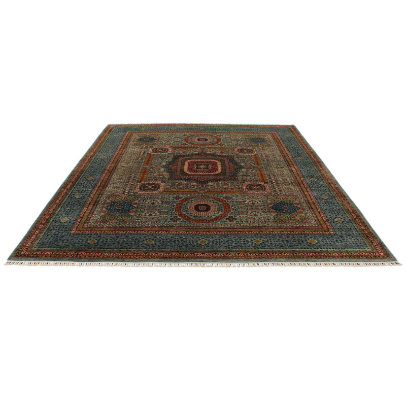 Tapis tribal turc 8 x 10 gris et bleu clair