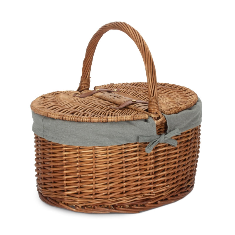 Wicker Empty Lidded Lined Oval Picnic Basket Hamper, Natural