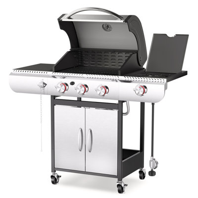 Commercial Grade Barbecue Grill, 304 Stainless Steel Handle+cast Iron Grill Mesh, Three Burners With Side Burners, Pulse Ignition Swivel Wheel For Movement