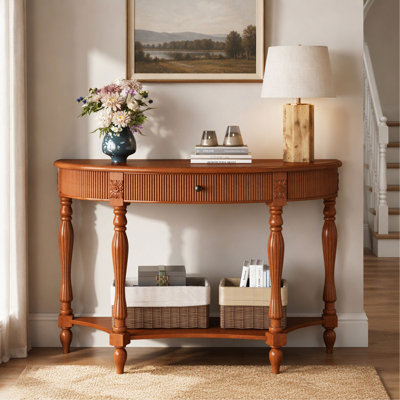 Console - Demi-lune - avec tiroir et tablette - Cannelé - Courbé - Pieds de colonne romaine - Brun rustique - Bois massif