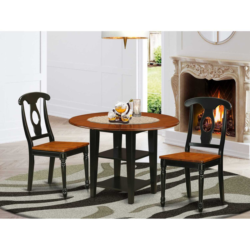 L'ensemble de mobilier de salle à manger 3 pièces comprend une table de cuisine ronde avec feuilles décoratives et 2 tablettes, noir et cerise