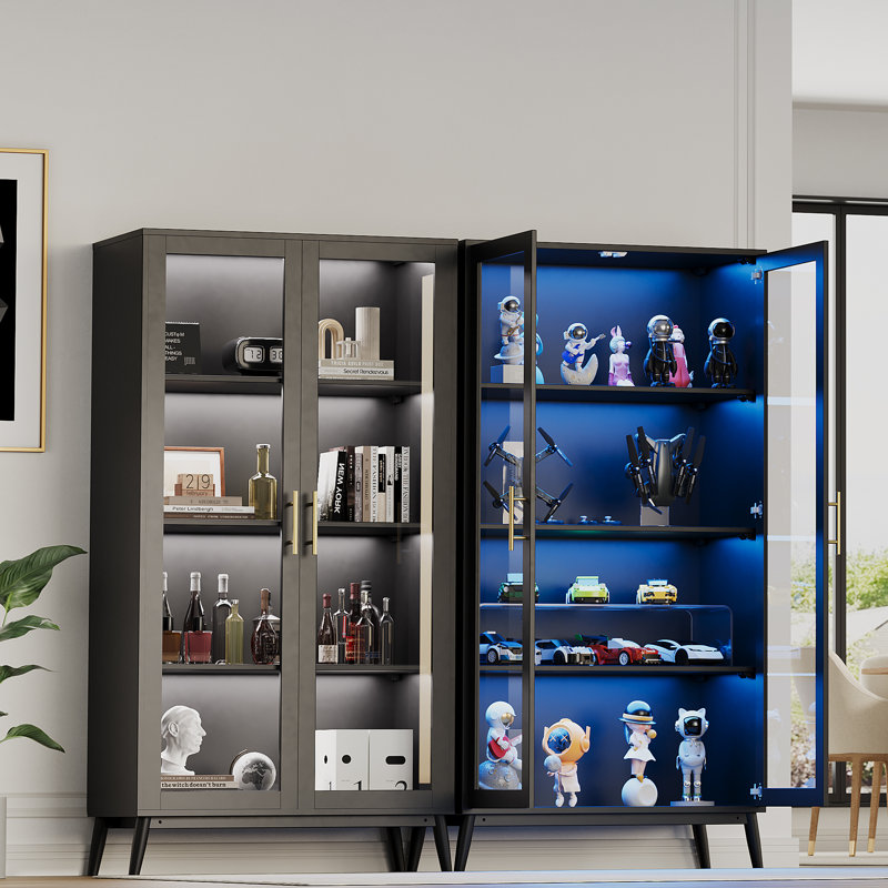 Vitrine en verre avec lumières RVB, armoires à 4 niveaux avec 3 lumières colorées, vitrine avec capteur de corps humain et ports USB, armoire de rangement en coin pour objets de collection