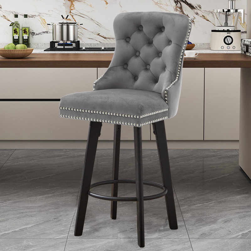 Tabourets de bar rotatifs modernes Tabourets de bar en velours Tabourets de bar touffetés à boutons Rivet, avec anneau de traction en métal Repose-pieds robuste Grand bar pour la maison, 1 pièce