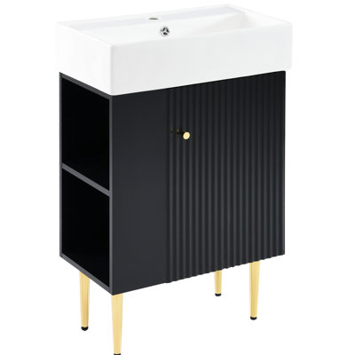 Meuble-lavabo noir 21,6 po, lavabo en céramique, meuble-lavabo gauche avec lavabo et support