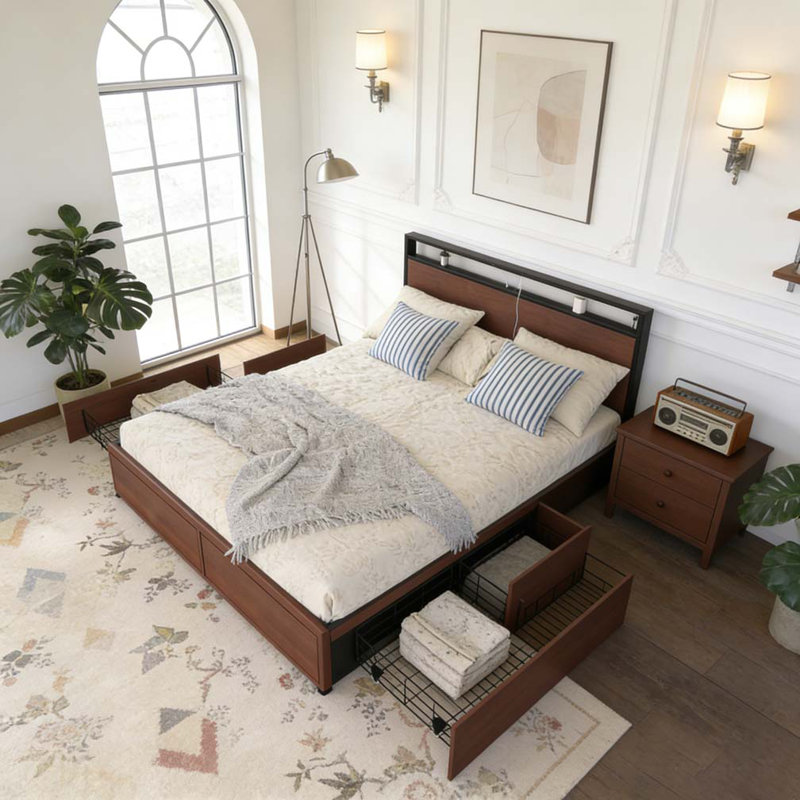 Queen Bed Frame, Queen , Black,Red+Brown