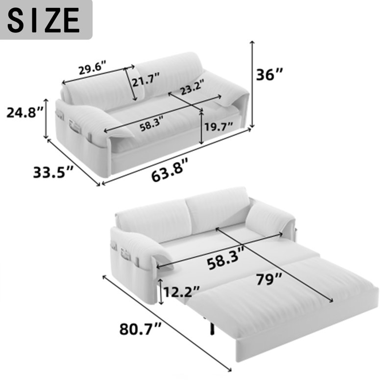 3-in-1 Convertible Sleeper Sofa, Gray, 36" L x 66" W x 33.5" D