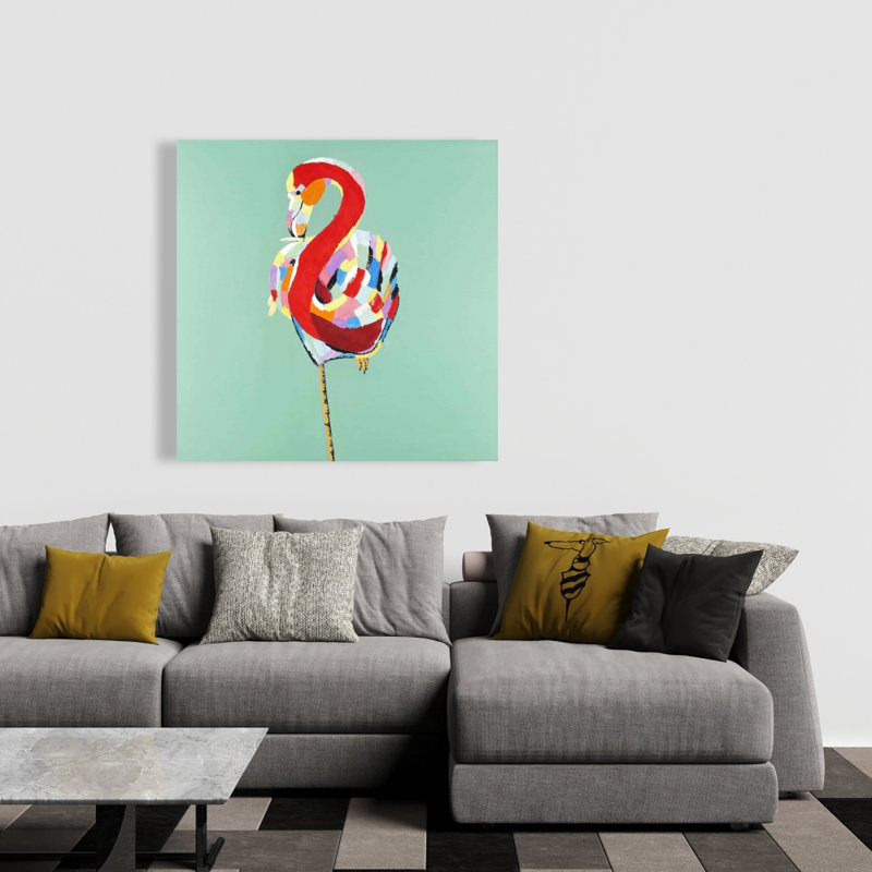 Flamant rose coloré abstrait - décor rétro sur toile menthe néo