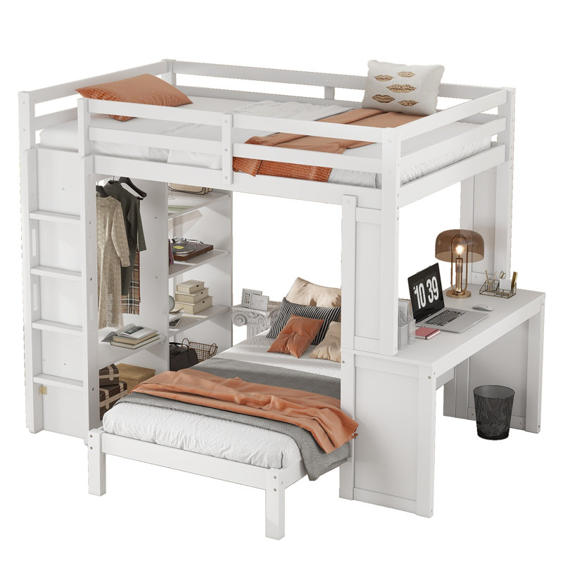 Lit double mezzanine double / double avec lit inférieur démontable, bureau, structure en bois massif, tablettes et garde-robe intégrées, blanc