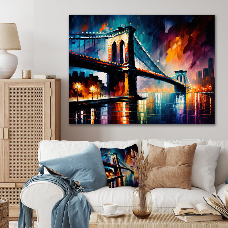 «Colorful Brooklyn Bridge - City», reproduction sur toile encadrée, Toile tendue, H 30 po x l 40 po x P 1,5 po