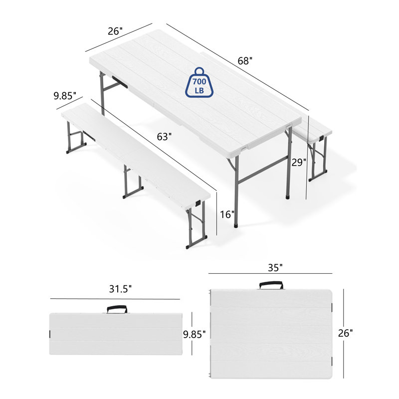 6ft Folding Table with 2 Benches Set, Picnic Table with 2 Chairs Sets Indoor & Outdoor, White
