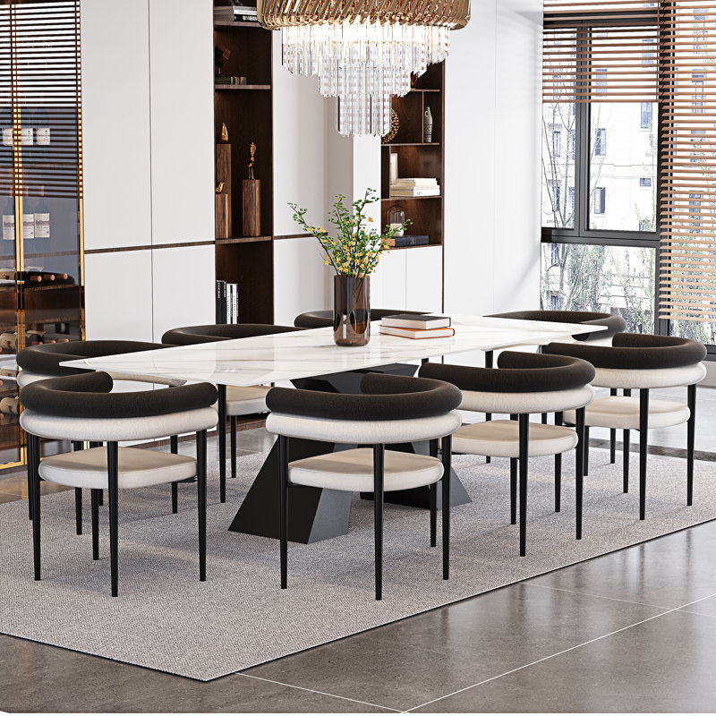 Chinguun 94.5'' Extendable Sintered Stone Dining Table With Upholstered Fabric Armchairs Dining Set